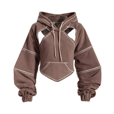 Neutral Cropped Hoodie Women Spring Bandage Dress Blouse Waistcoat Hiphop Long Sleeve Top - Modestly Vogue
